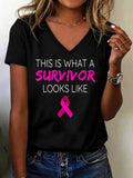 Breast Cancer Awareness Survivor Pink Ribbon Gifts V Neck T-Shirt Cotton Women's V Neck Graphic Tee, Casual Short Sleeve Shirt,Vacation Outfit