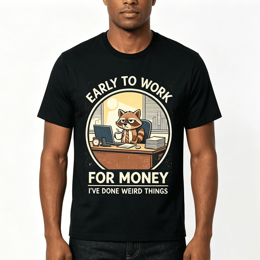 “Early To Work For Money” Raccoon Office T-Shirt – Funny Sarcastic Work Humor Graphic Tee for Men Women, Casual Summer Top