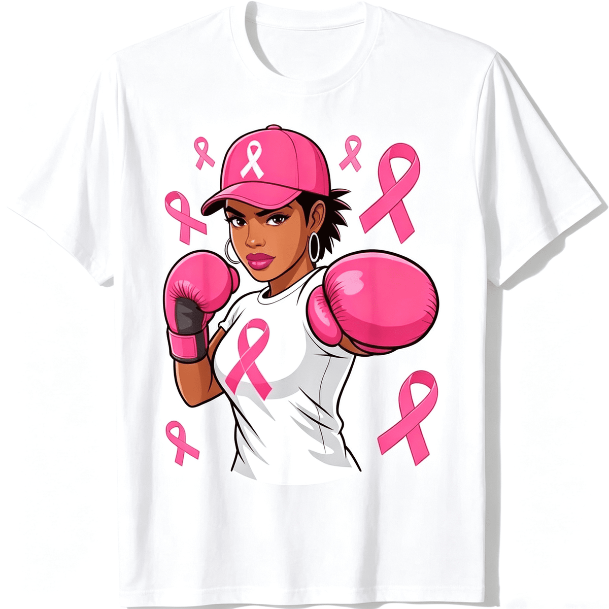 Fight Breast Cancer Awareness T‑Shirt, Pink Ribbon African American Woman Boxing Graphic Short‑Sleeve Tee in October We Wear Pink Tshirts