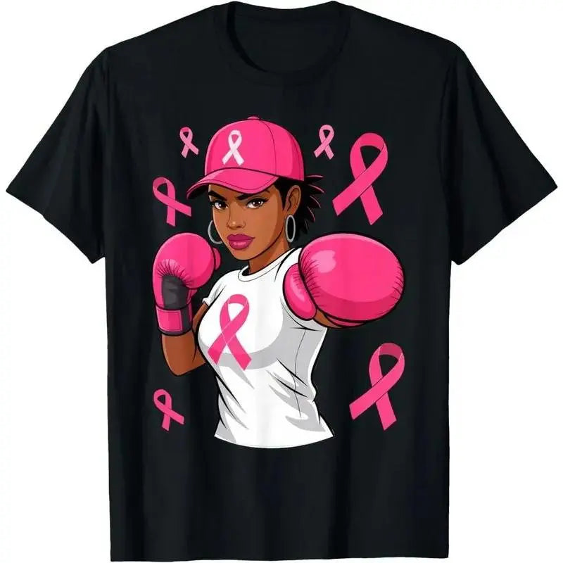 Fight Breast Cancer Awareness T‑Shirt, Pink Ribbon African American Woman Boxing Graphic Short‑Sleeve Tee in October We Wear Pink Tshirts
