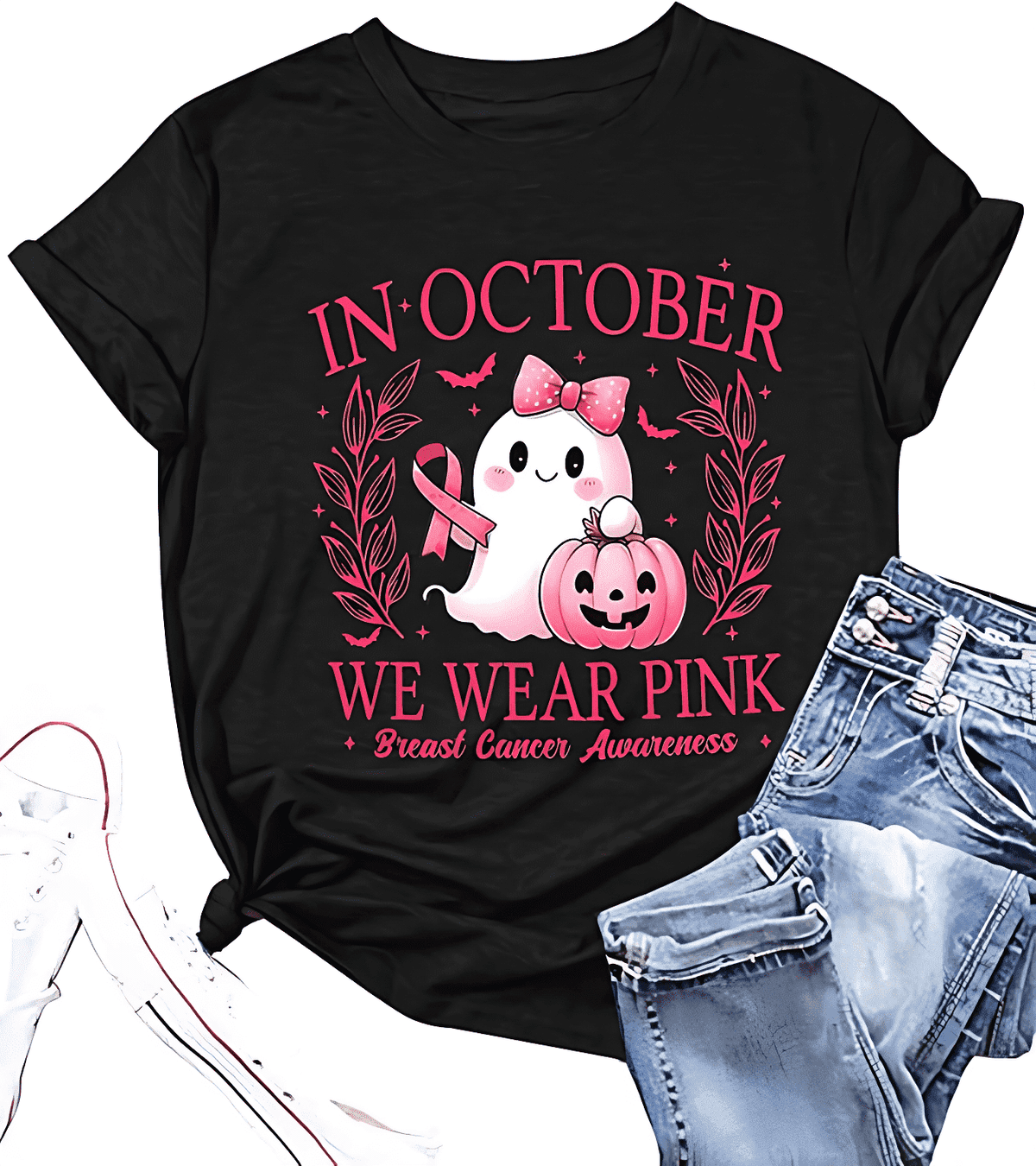 Halloween Breast Cancer Awareness Shirts Women Pink Ghost Shirt Pink Ribbons Cancer Care Gifts Short Sleeve Tee Top