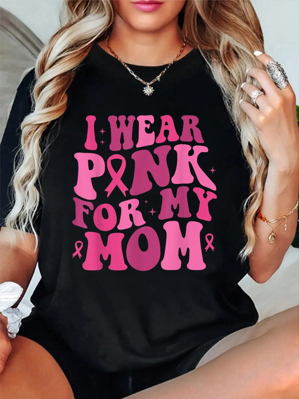 I Wear Pink for My Mom Breast Cancer Awareness Support Relaxed Fit Classic Comfort Cotton T-Shirt Women's Graphic Tee Crew Neck summer vacation Tops