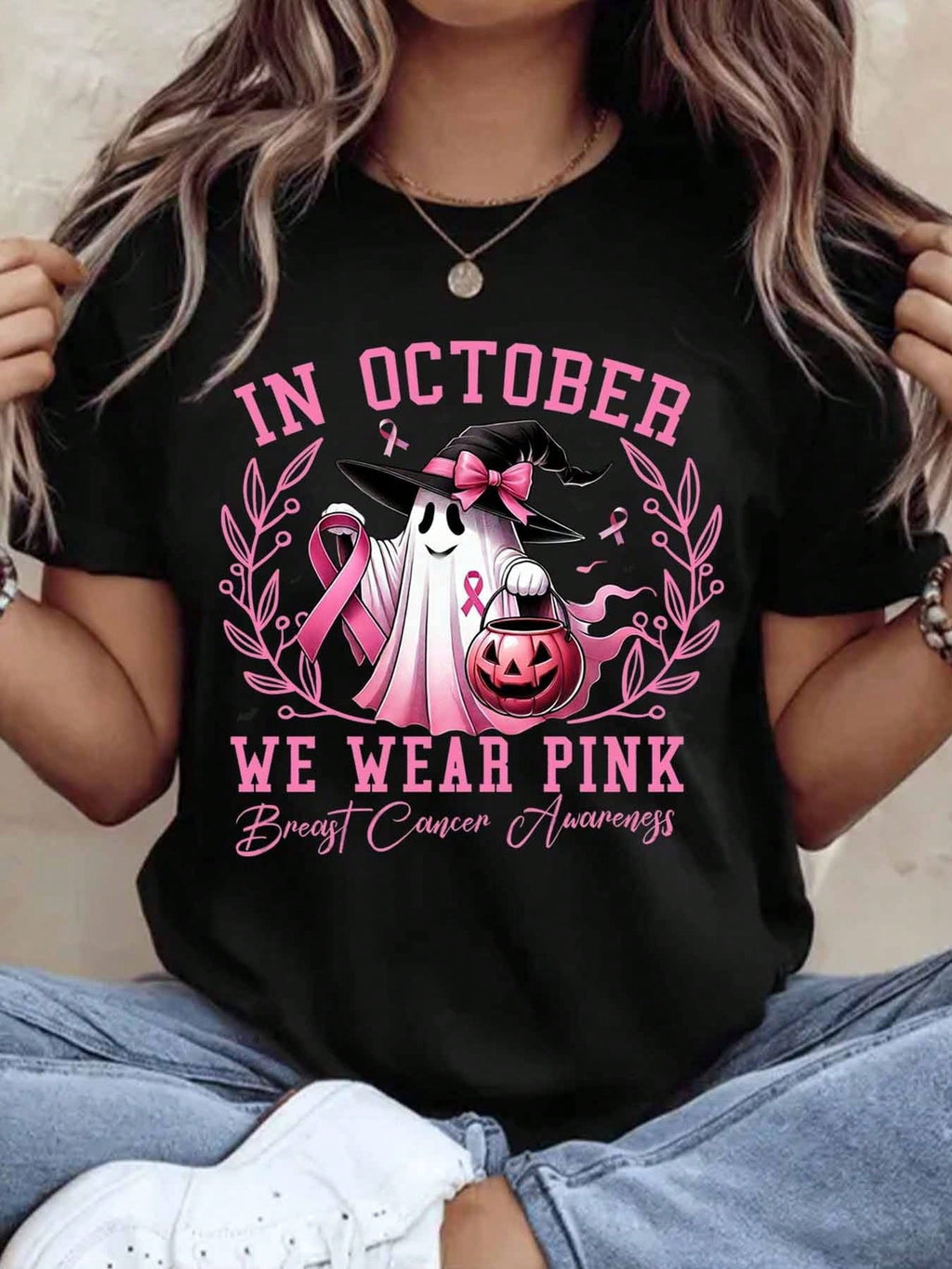In October We Wear Pink Breast Cancer Awareness Halloween Ghost Witch Shirt Women Funny Autumn Festival Graphic Tee Top