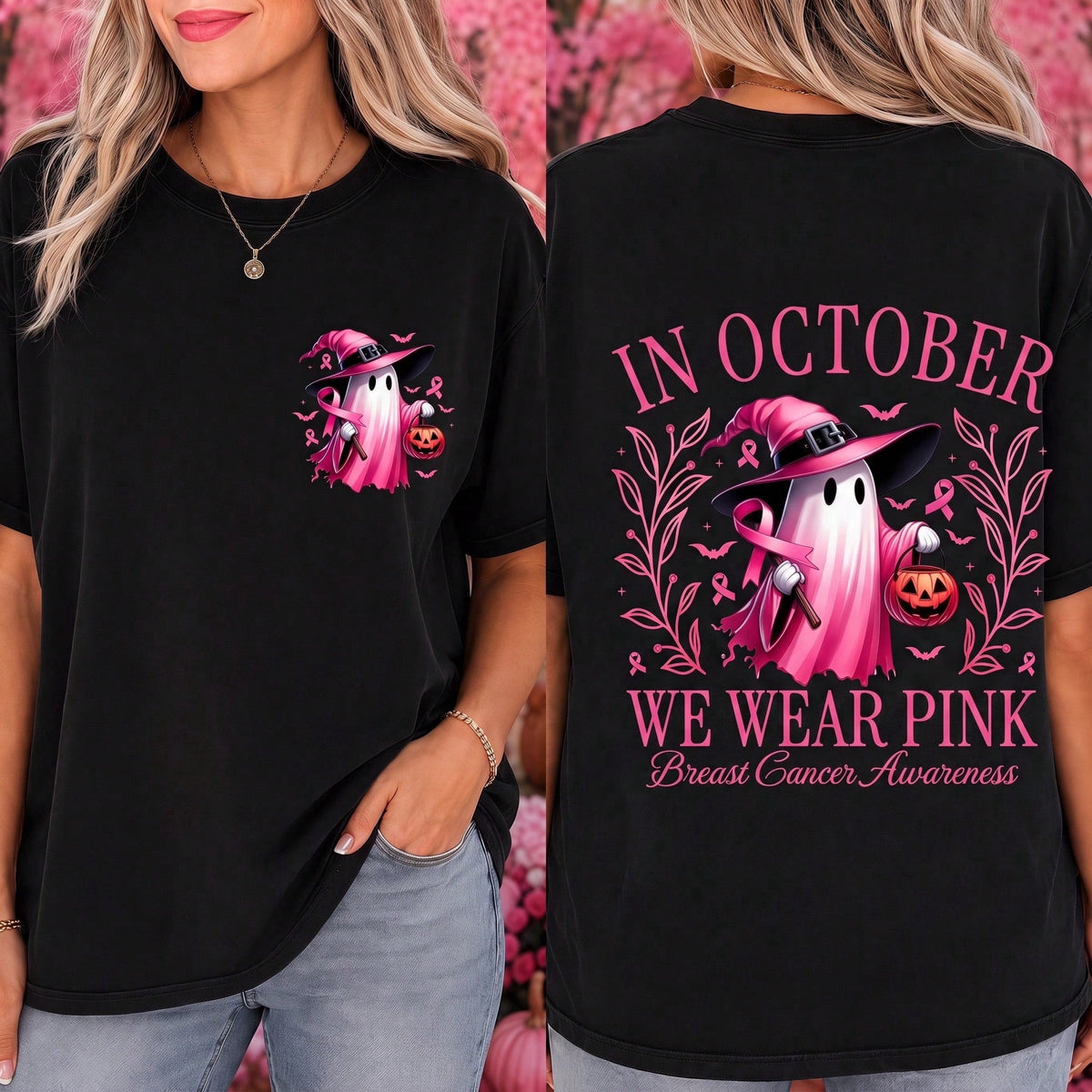 In October We Wear Pink Breast Cancer Awareness Halloween Ghost Witch Shirt Women Funny Autumn Festival Graphic Tee Top