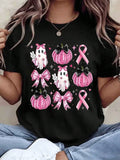 In October We Wear Pink Breast Cancer Awareness T-Shirt for Women, Pink Ghost Pumpkin Bow Fall Halloween Graphic Soft Cotton Relaxed Fit Casual Tee