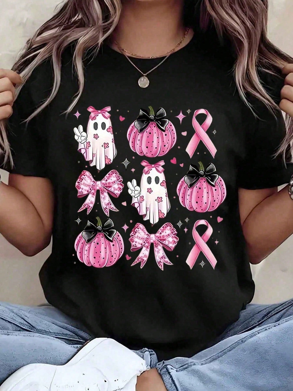 In October We Wear Pink Breast Cancer Awareness T-Shirt for Women, Pink Ghost Pumpkin Bow Fall Halloween Graphic Soft Cotton Relaxed Fit Casual Tee