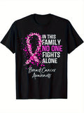 In This Family No One Fights Alone Breast Cancer Awareness T‑Shirt, Pink Heart Ribbon Graphic Short Sleeve Casual Support Tee for Men Women