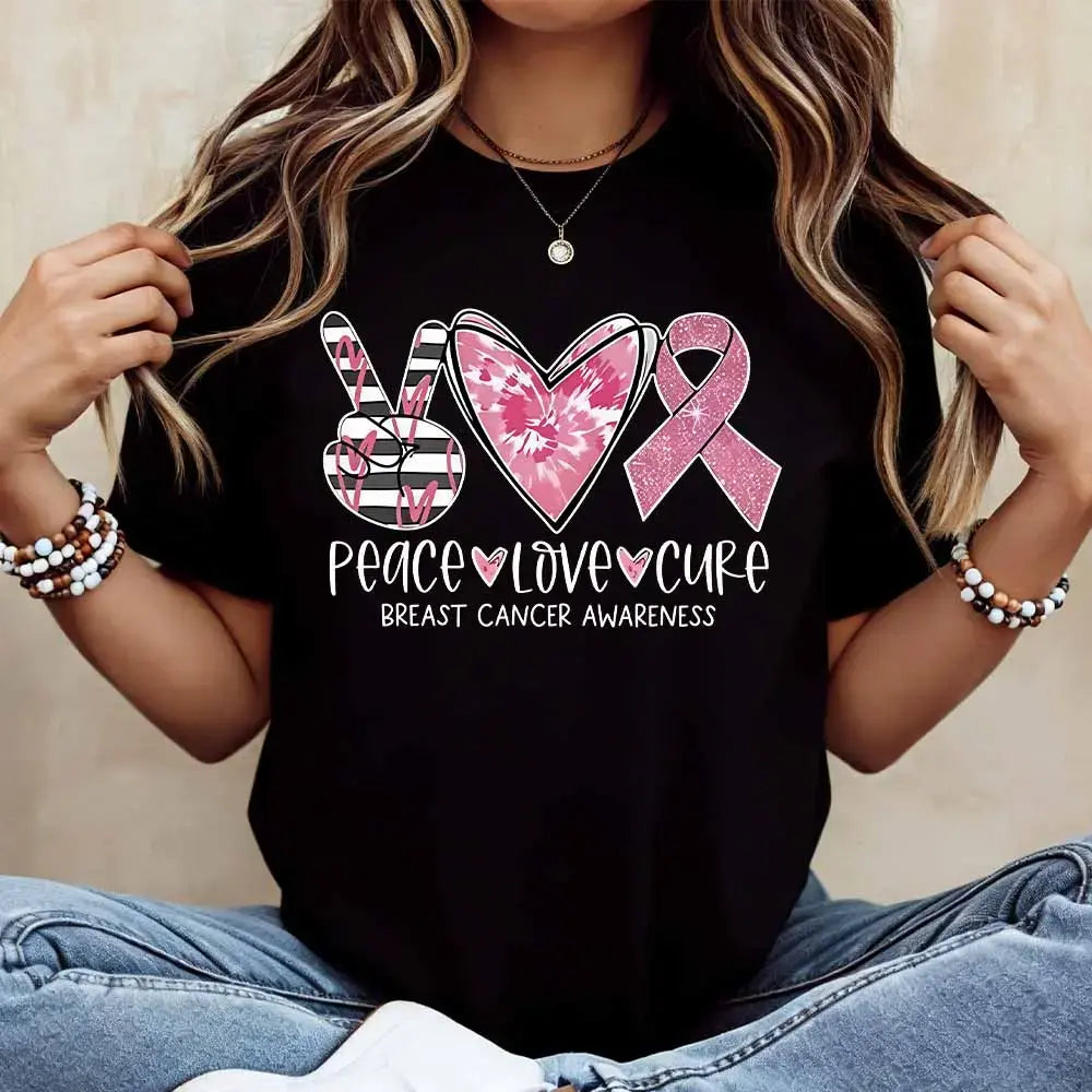 Peace Love Cure Breast Cancer Awareness Graphic T‑Shirt, Women Crew Neck Short Sleeve Tee，Summer Casual Women T shirts