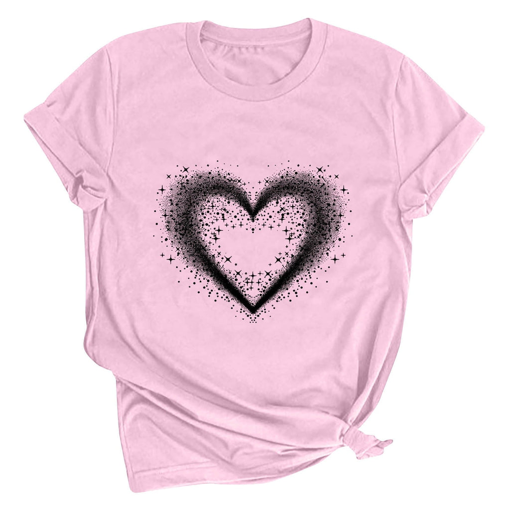 Tbopshirt Valentine's Day T-Shirts for Women Short Sleeve Graphic Tees, Printing Love Heart Round Neck Plus Size Womens Tops S-XXXL