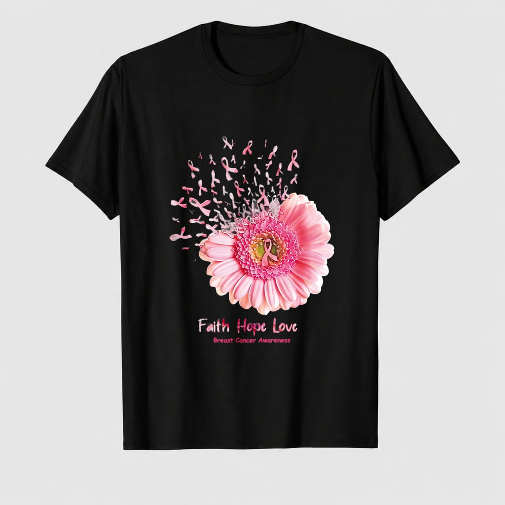 Women's Breast Cancer Awareness Survivor Heart Ribbon Graphic T-Shirt, 100% Cotton Short Sleeve Shirt