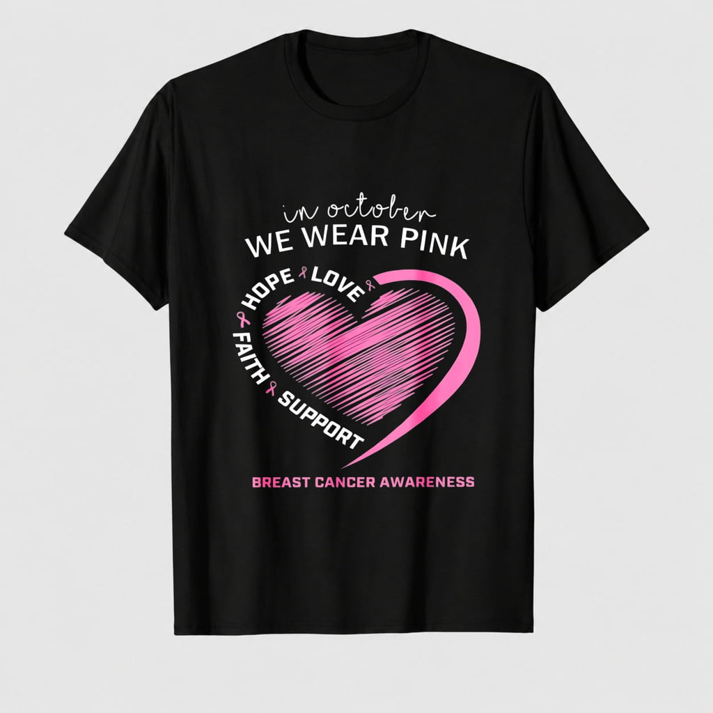 Women's Breast Cancer Awareness Survivor Heart Ribbon Graphic T-Shirt, 100% Cotton Short Sleeve Shirt