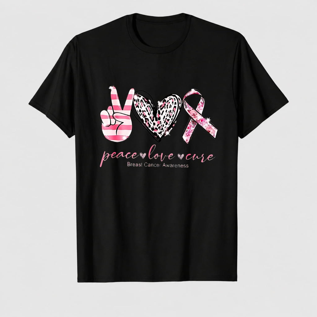 Women's Breast Cancer Awareness Survivor Heart Ribbon Graphic T-Shirt, 100% Cotton Short Sleeve Shirt