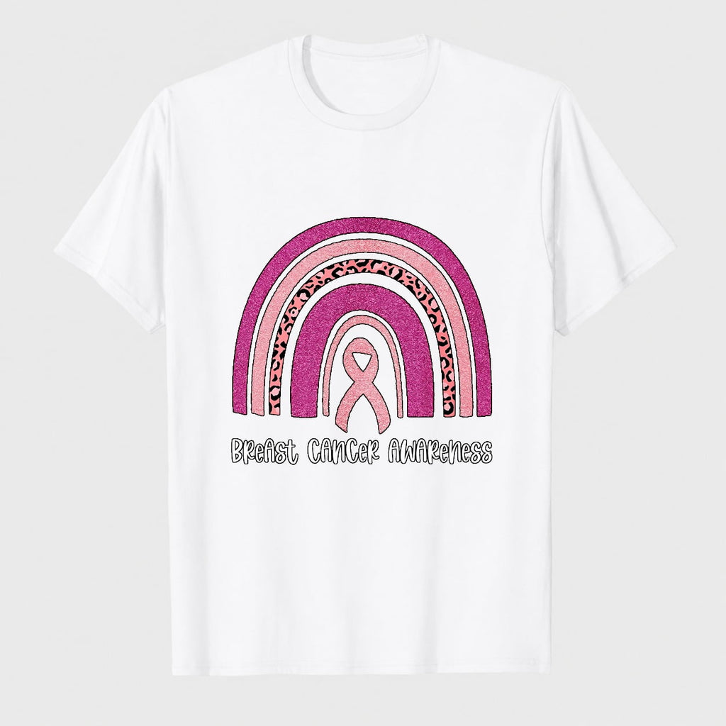 Women's Breast Cancer Awareness Survivor Heart Ribbon Graphic T-Shirt, 100% Cotton Short Sleeve Shirt