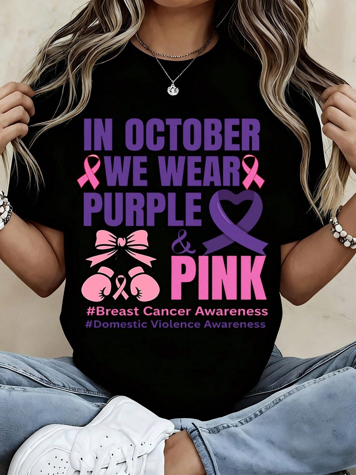 Women's Shirt October We Wear Purple And Pink Breast Cancer Domestic Violence Awareness Graphic Tee Casual