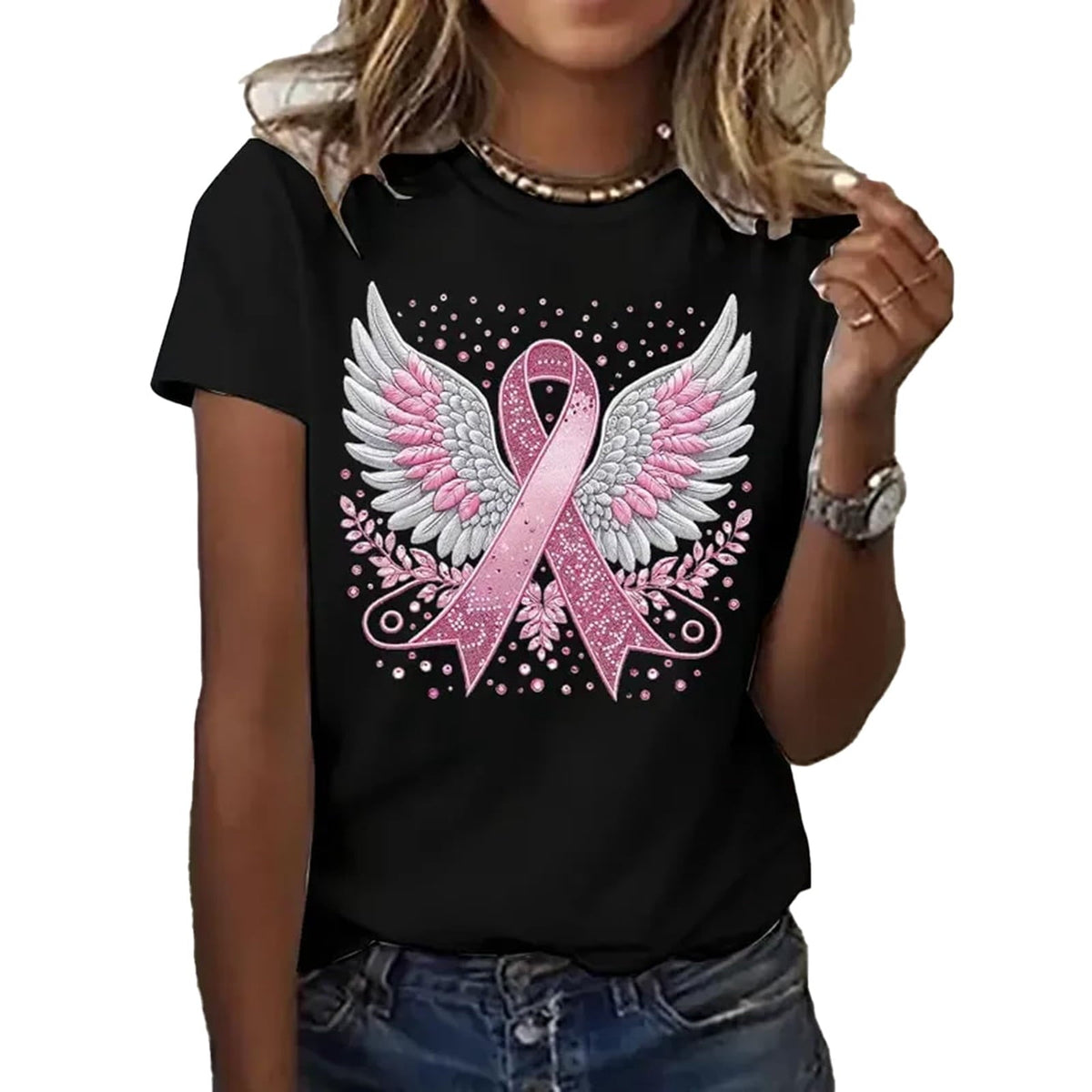 Womens Pink Ribbon Breast Cancer Awareness T-Shirt Angel Wings Pink Ribbon Floral Print Short Sleeve Tops Casual Breast Cancer Graphic Crew Neck Tee