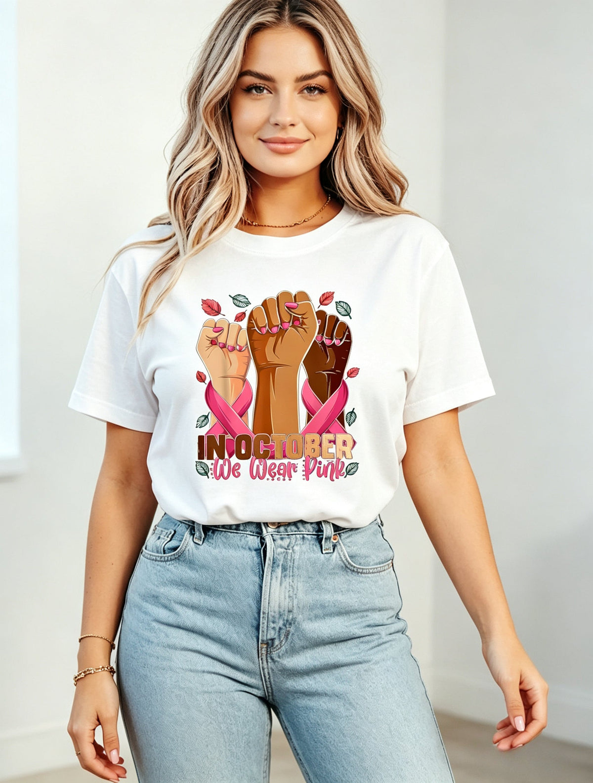 In October We Wear Pink Breast Cancer Awareness Print Short Sleeve Tee Top