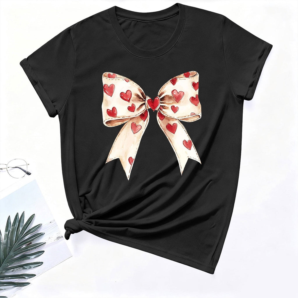 Womens Valentines Tshirts Cute Bow Valentine Day Graphic Tees Pullover Summer Short Sleeve Casual Tee Tops, L Black