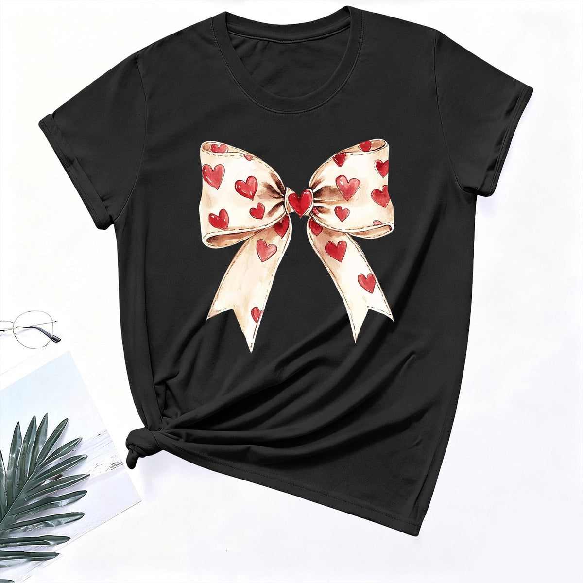 Womens Valentines Tshirts Cute Bow Valentine Day Graphic Tees Pullover Summer Short Sleeve Casual Tee Tops, L Black