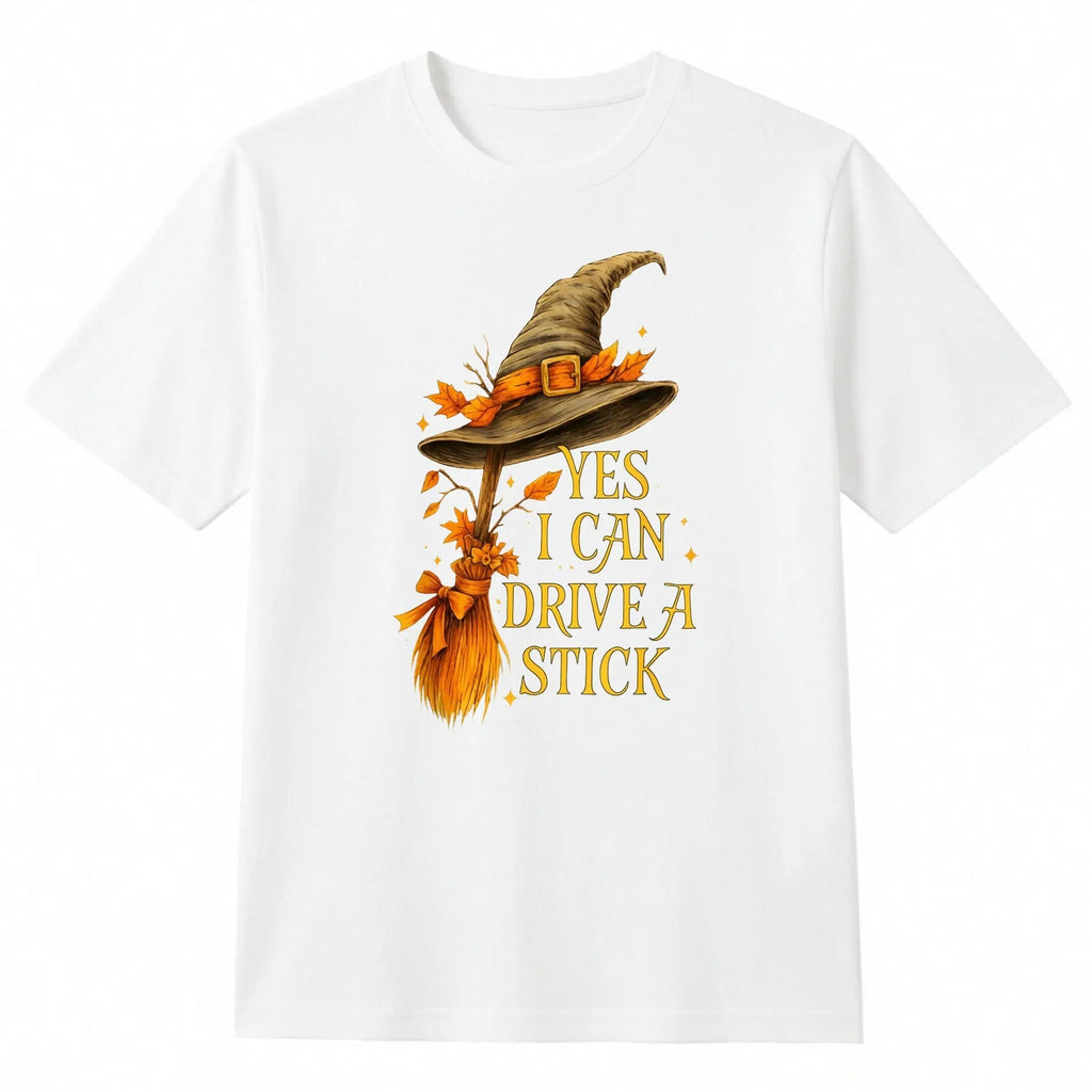 Men's Casual Shortsleeve T-Shirt with I Can Drive a Stick Funny Witch Graphic