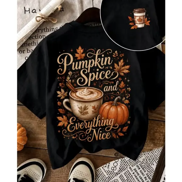 Cozy Vintage Relaxed Fit Crew Neck Short Sleeve with Front & Back Fall Print Suitable for Halloween, Thanksgiving, Christmas Gifts, Casual Cafe Wear, Machine Washable Autumn Style