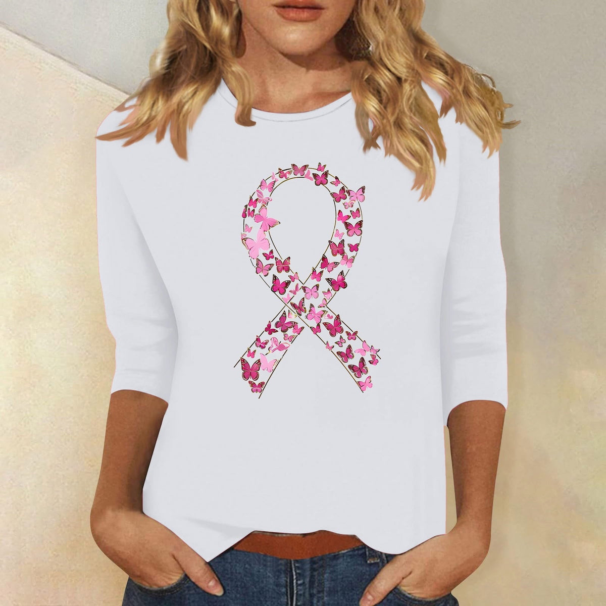 VKOYWKM Breast Cancer Awareness Shirts for Women Breast Cancer 3/4 Sleeve Tops Pink Ribbon Graphic Tee Breast Cancer Survivor Shirt