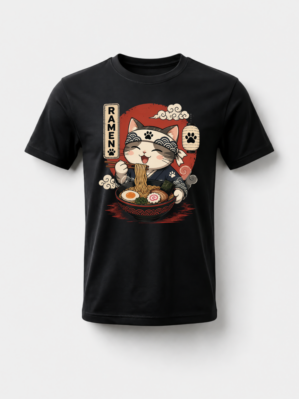 [100% Cotton] Trendy Graphic Funny T-Shirt - Funny Cat Ramen Graphic Tee Japanese Kawaii Anime Cat T-Shirt - Men Women Loose Sports T-Shirt Golf Gift T-Shirt For Men And Women