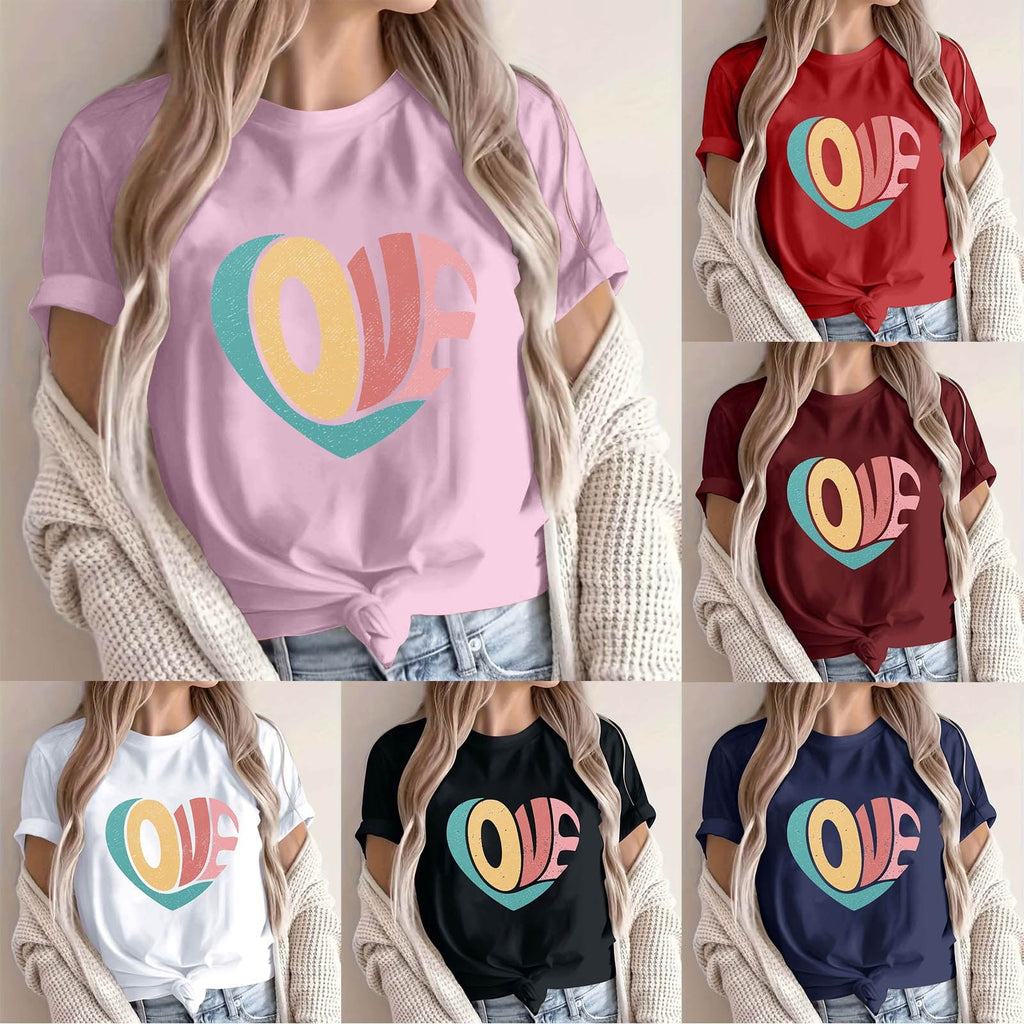 WREESH Cute Graphic Tees for Women Valentine's Day Love Heart Print Short Sleeve T-Shirts for Casual Wear Black